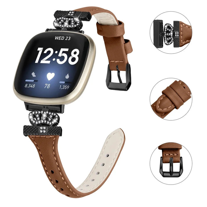 For Fitbit Versa 3 / 4 / Sense / Sense 2 Black Buckle Watchband Genuine Cowhide Leather Crown Strap - Brown - 3