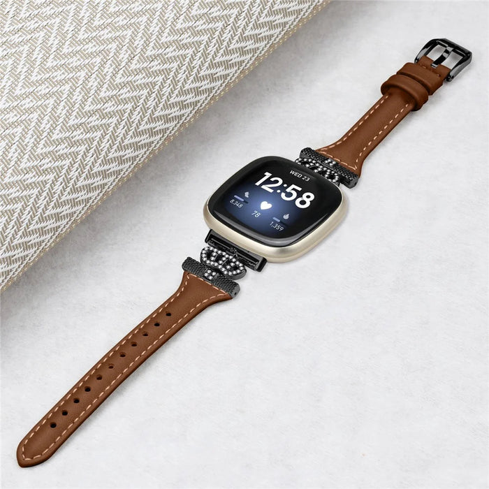 For Fitbit Versa 3 / 4 / Sense / Sense 2 Black Buckle Watchband Genuine Cowhide Leather Crown Strap - Brown - 4