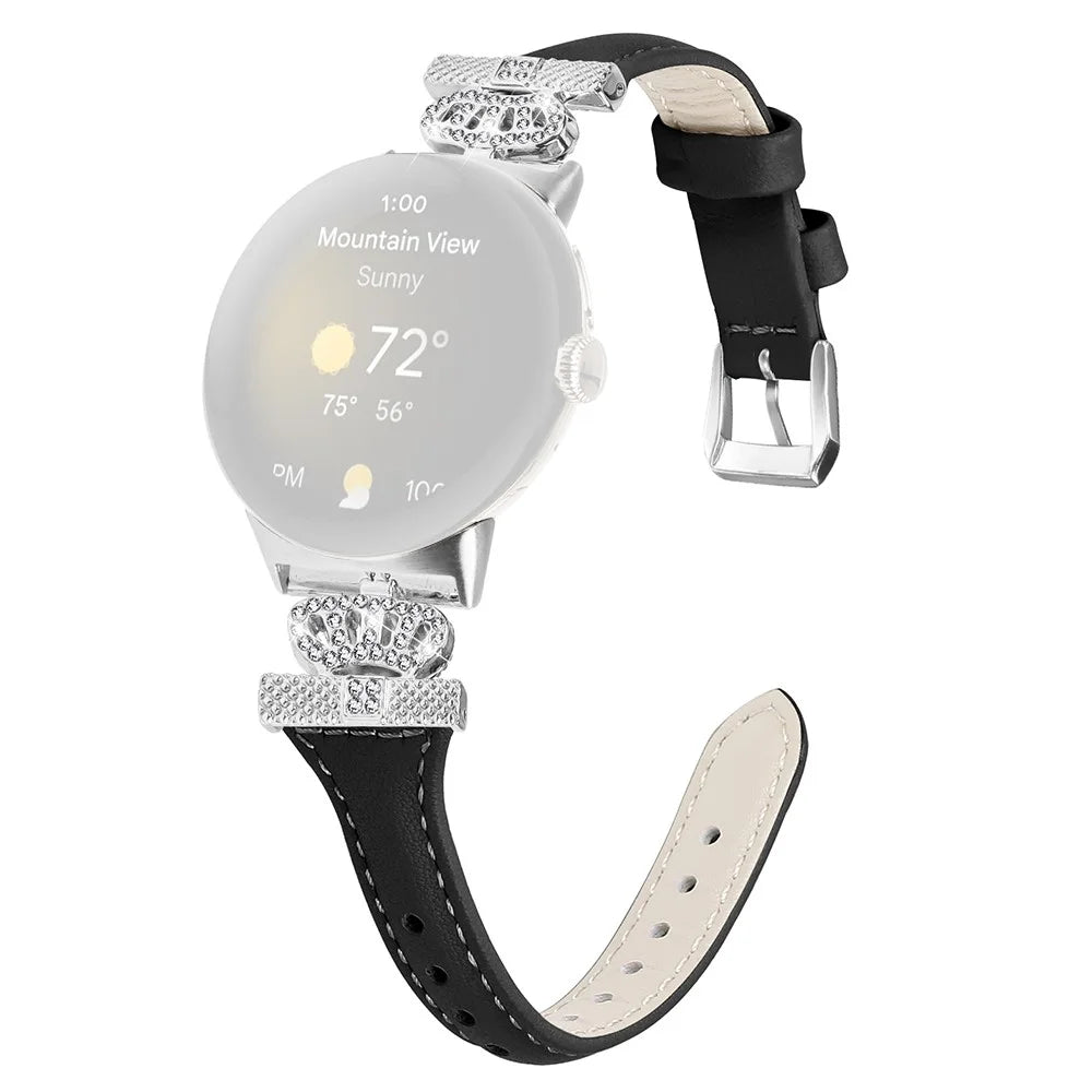 For Google Pixel Watch 4 41mm / Watch 3 41mm / Watch 2 / Watch Silver Buckle Genuine Cowhide Leather Band Crown Watch Strap - Black - 1