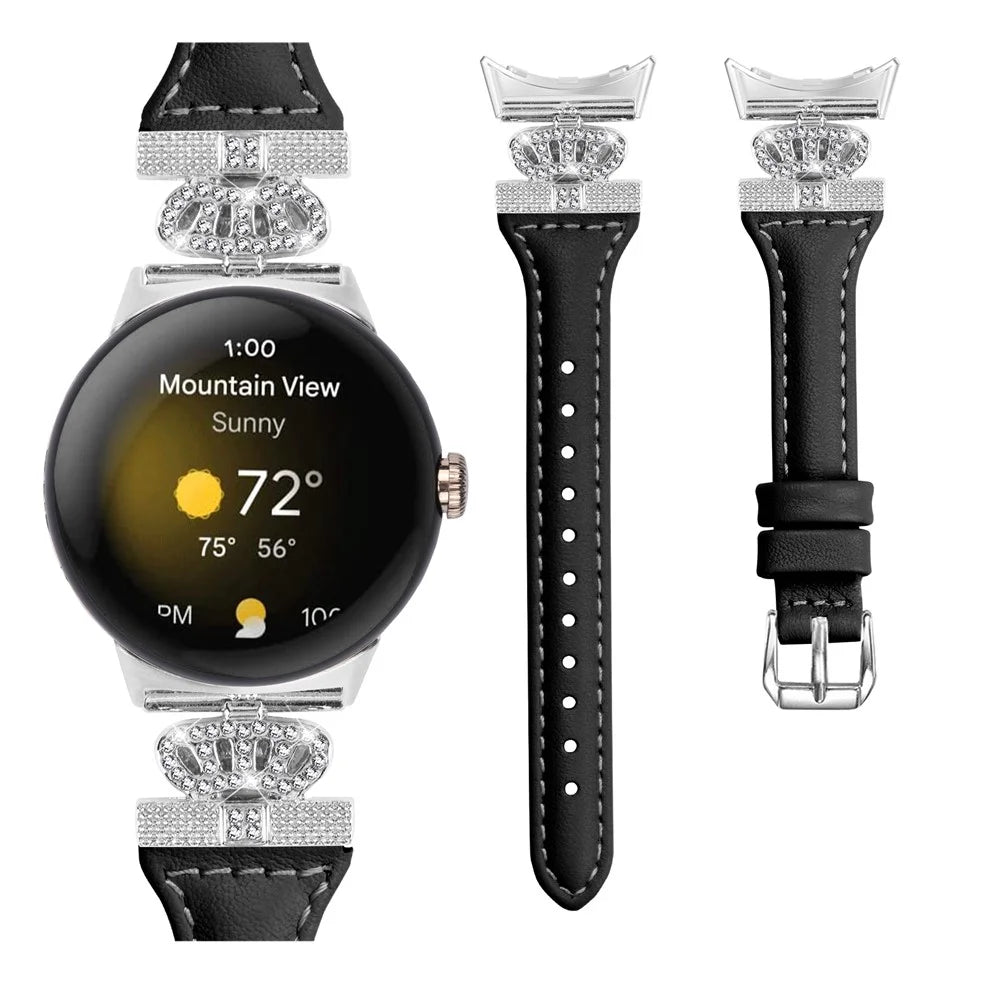 For Google Pixel Watch 4 41mm / Watch 3 41mm / Watch 2 / Watch Silver Buckle Genuine Cowhide Leather Band Crown Watch Strap - Black - 2