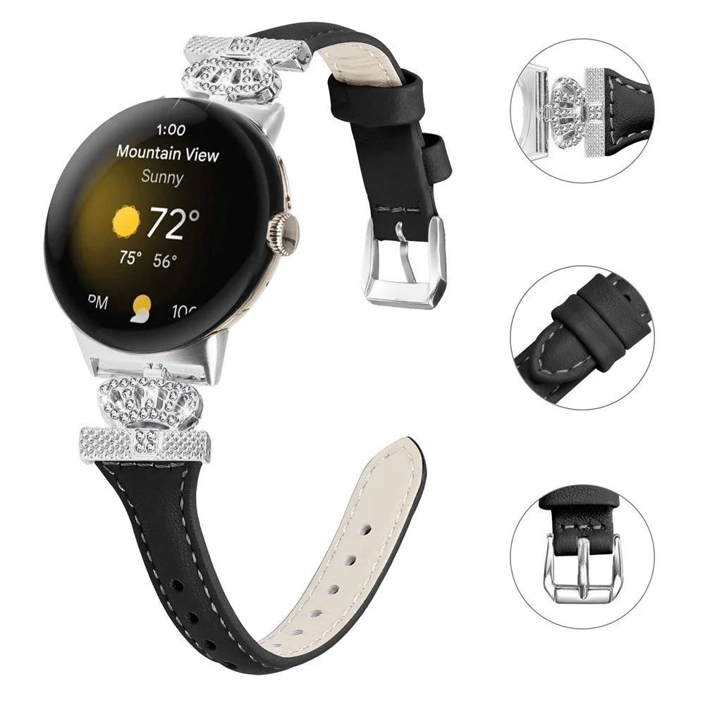 For Google Pixel Watch 4 41mm / Watch 3 41mm / Watch 2 / Watch Silver Buckle Genuine Cowhide Leather Band Crown Watch Strap - Black - 3