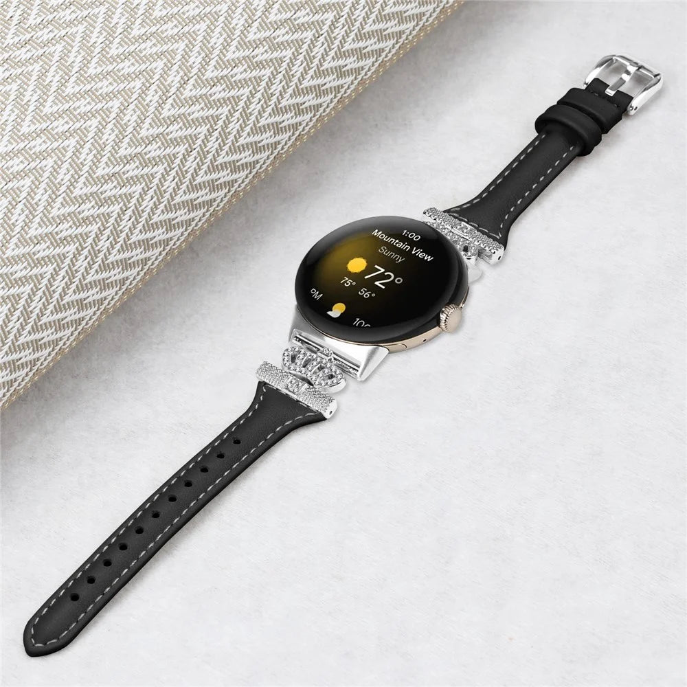 For Google Pixel Watch 4 41mm / Watch 3 41mm / Watch 2 / Watch Silver Buckle Genuine Cowhide Leather Band Crown Watch Strap - Black - 4