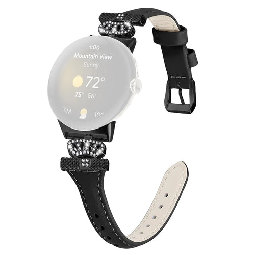 For Google Pixel Watch 4 41mm / Watch 3 41mm / Watch 2 / Watch Black Buckle Watch Strap Crown Rhinestone Connector Wrist Band - Black - 1