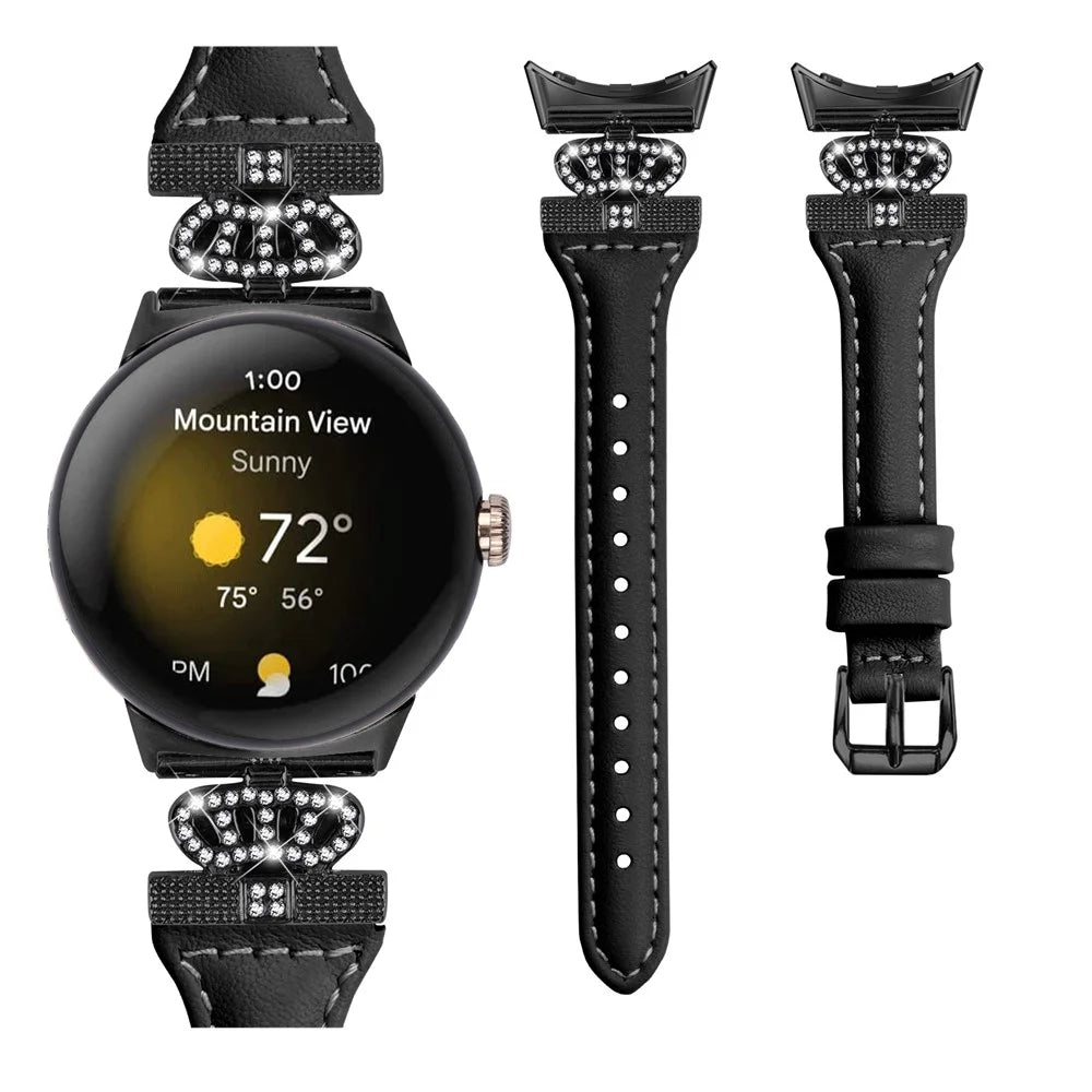 For Google Pixel Watch 4 41mm / Watch 3 41mm / Watch 2 / Watch Black Buckle Watch Strap Crown Rhinestone Connector Wrist Band - Black - 2