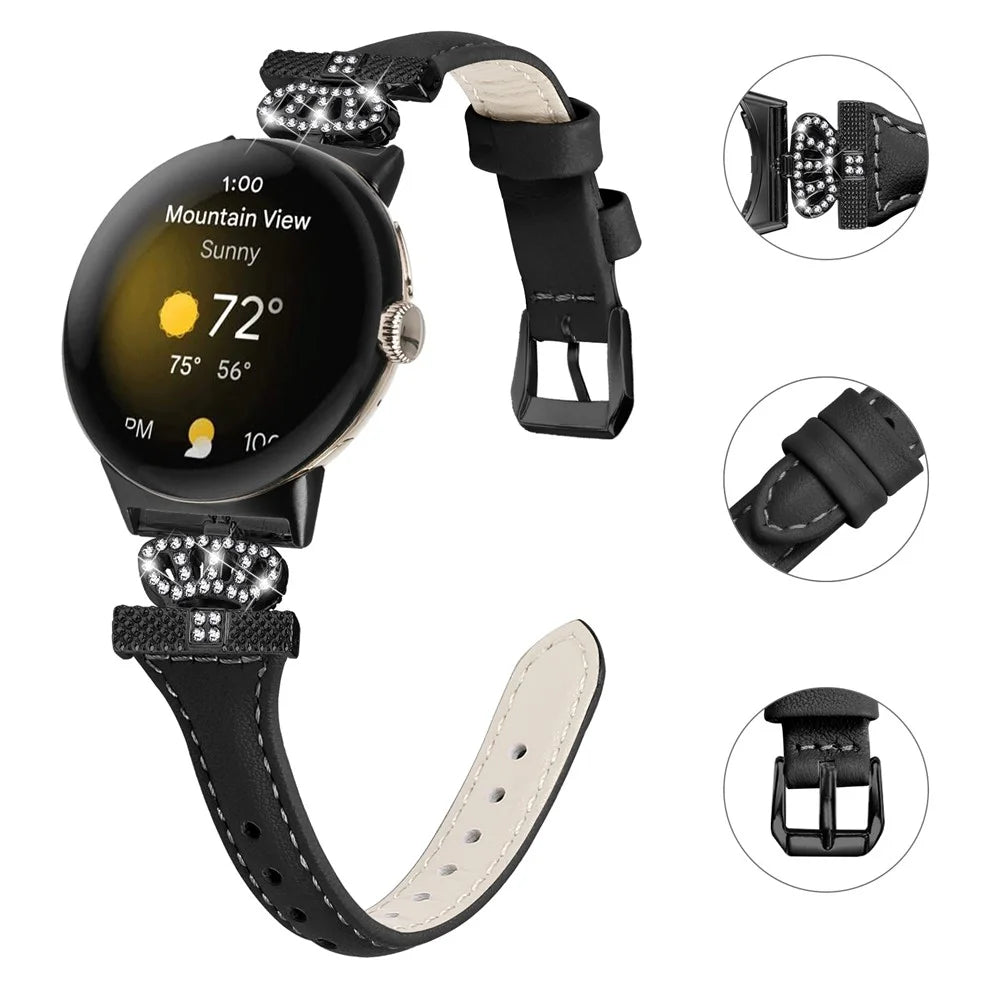 For Google Pixel Watch 4 41mm / Watch 3 41mm / Watch 2 / Watch Black Buckle Watch Strap Crown Rhinestone Connector Wrist Band - Black - 3