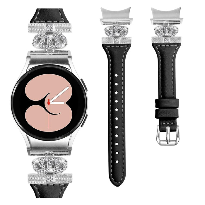 For Samsung Galaxy Watch6 44mm / Watch6 Classic 43mm / 47mm Watch Band Silver Buckle Leather Watch Strap - Black - 2