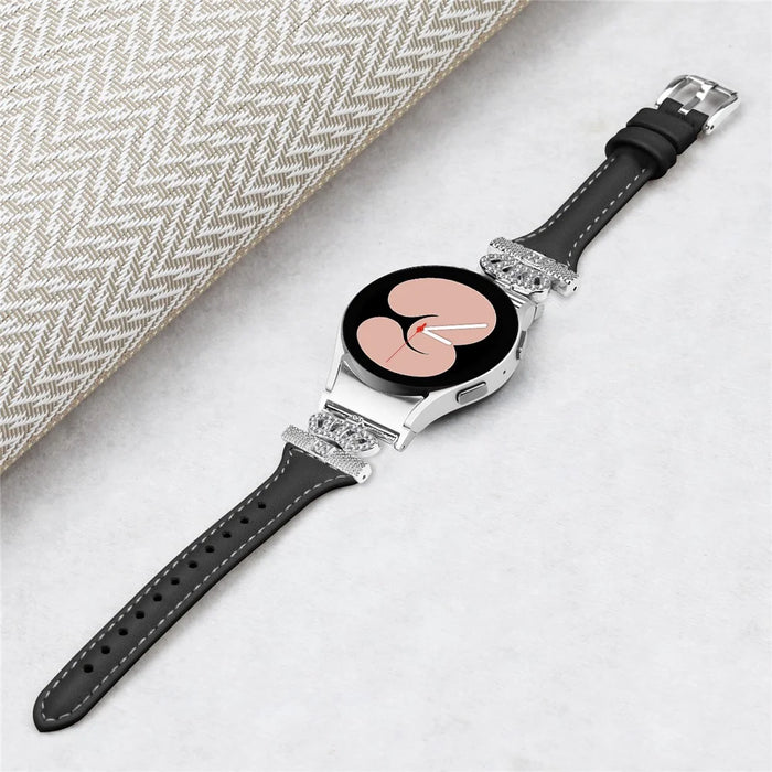 For Samsung Galaxy Watch6 44mm / Watch6 Classic 43mm / 47mm Watch Band Silver Buckle Leather Watch Strap - Black - 4