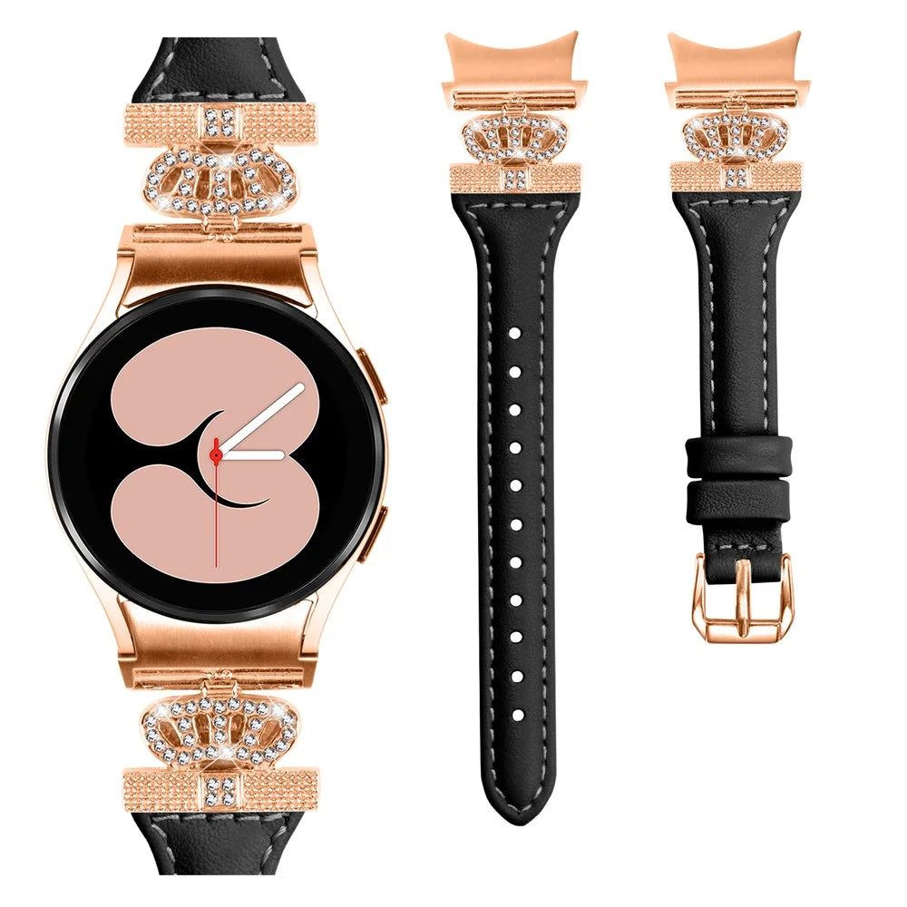 For Samsung Galaxy Watch6 44mm / Watch6 Classic 43mm / 47mm Watch Strap Leather Watchband with Rose Gold Buckle - Black - 2
