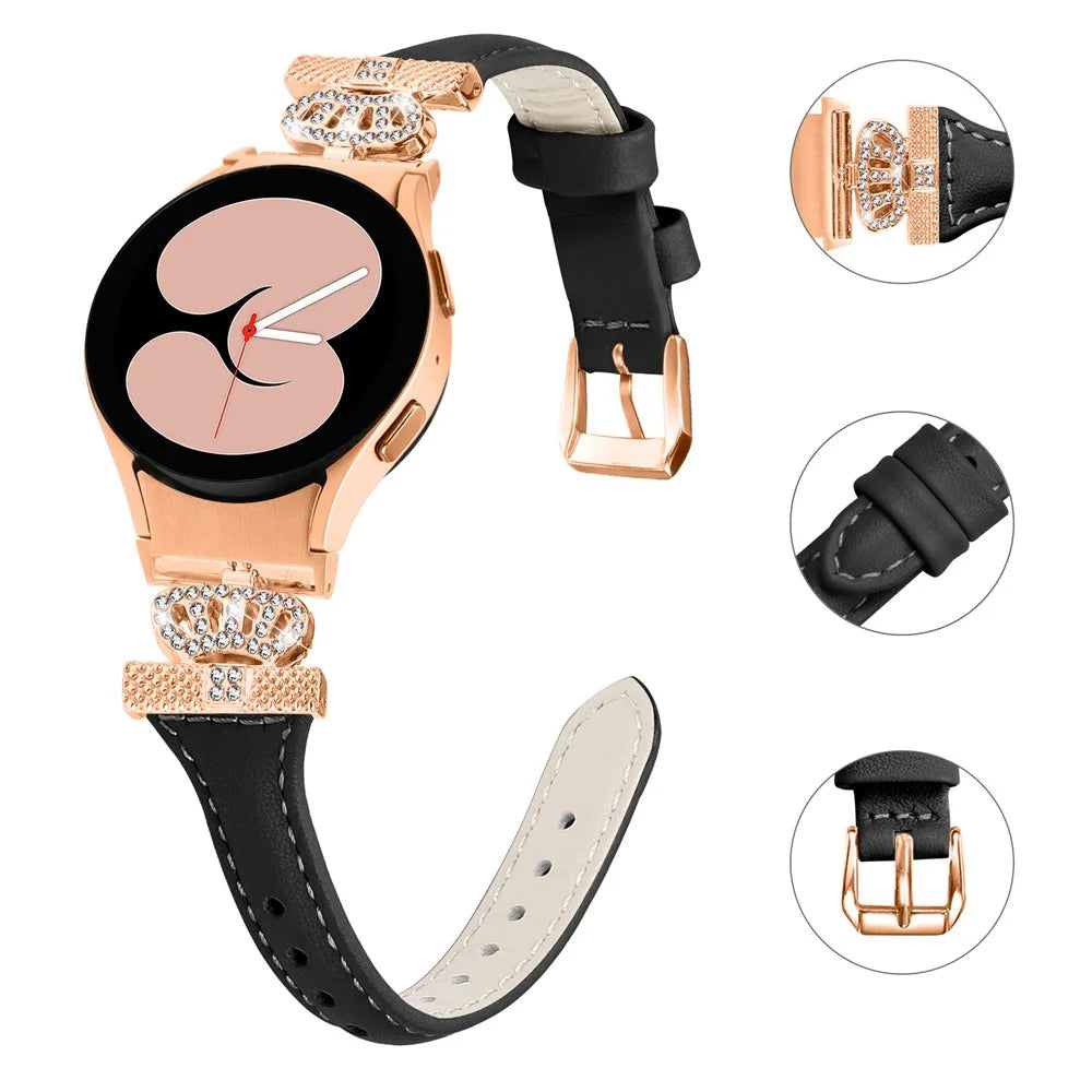 For Samsung Galaxy Watch6 44mm / Watch6 Classic 43mm / 47mm Watch Strap Leather Watchband with Rose Gold Buckle - Black - 3