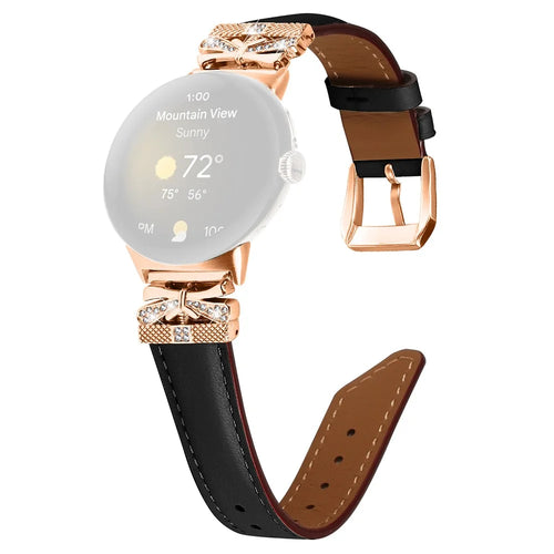 For Google Pixel Watch 4 41mm / Watch 3 41mm / Watch 2 / Watch Genuine Cowhide Leather Watch Strap Rhinestone Design (Rose Gold Buckle) - Black - 1
