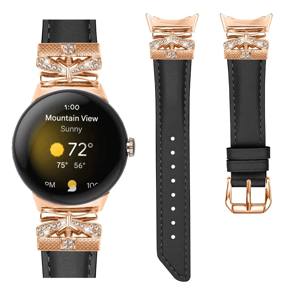 For Google Pixel Watch 4 41mm / Watch 3 41mm / Watch 2 / Watch Genuine Cowhide Leather Watch Strap Rhinestone Design (Rose Gold Buckle) - Black - 2