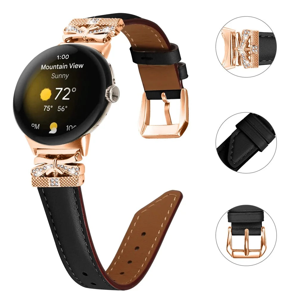 For Google Pixel Watch 4 41mm / Watch 3 41mm / Watch 2 / Watch Genuine Cowhide Leather Watch Strap Rhinestone Design (Rose Gold Buckle) - Black - 3