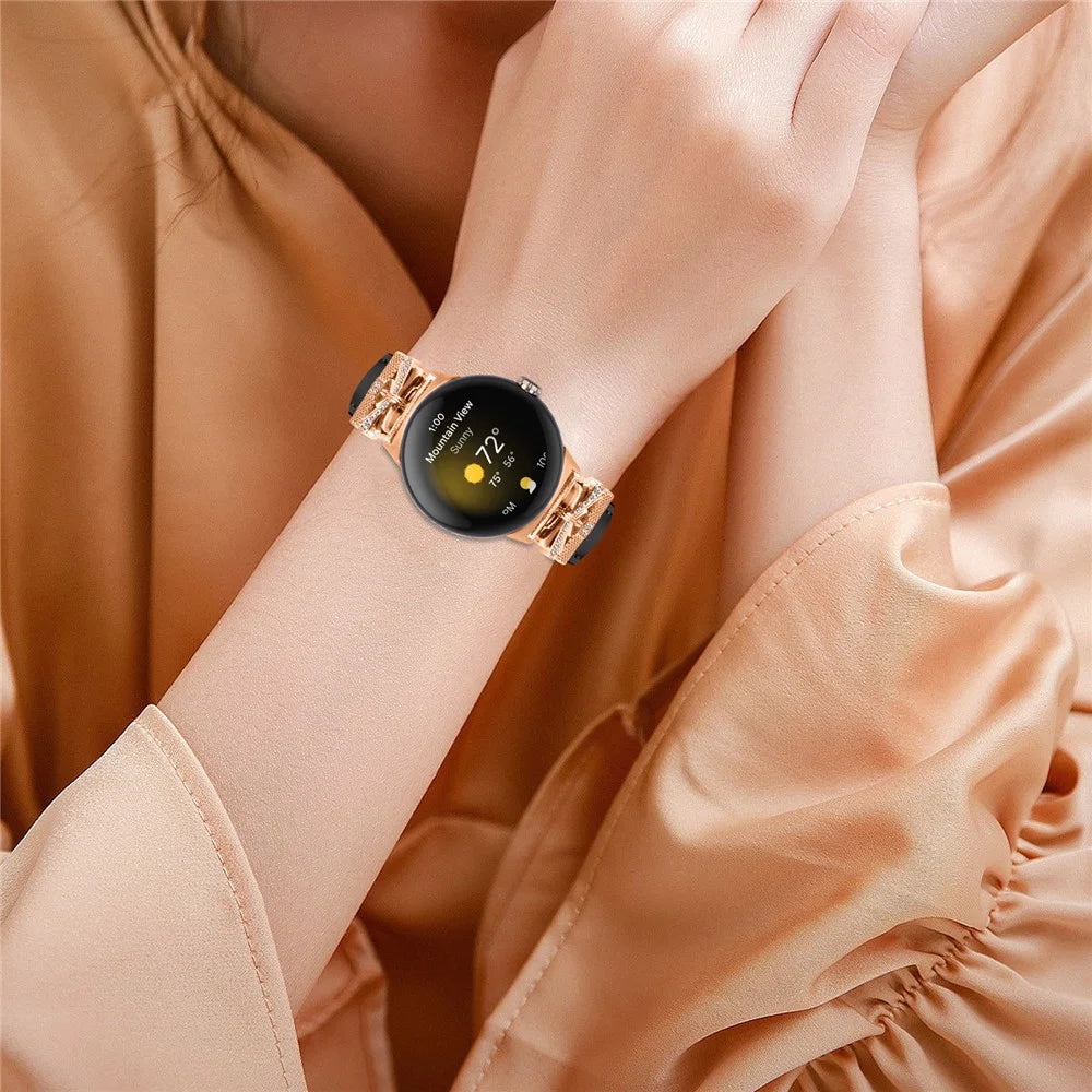 For Google Pixel Watch 4 41mm / Watch 3 41mm / Watch 2 / Watch Genuine Cowhide Leather Watch Strap Rhinestone Design (Rose Gold Buckle) - Black - 5