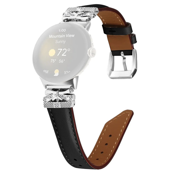 For Google Pixel Watch 4 41mm / Watch 3 41mm / Watch 2 / Watch Rhinestone Genuine Cowhide Leather Watch Strap (Silver Buckle) - Black - 1