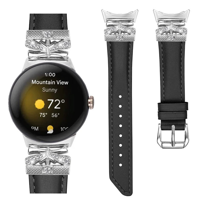 For Google Pixel Watch 4 41mm / Watch 3 41mm / Watch 2 / Watch Rhinestone Genuine Cowhide Leather Watch Strap (Silver Buckle) - Black - 2