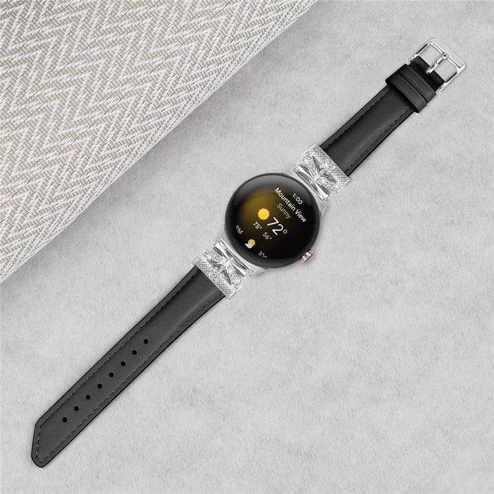 For Google Pixel Watch 4 41mm / Watch 3 41mm / Watch 2 / Watch Rhinestone Genuine Cowhide Leather Watch Strap (Silver Buckle) - Black - 4