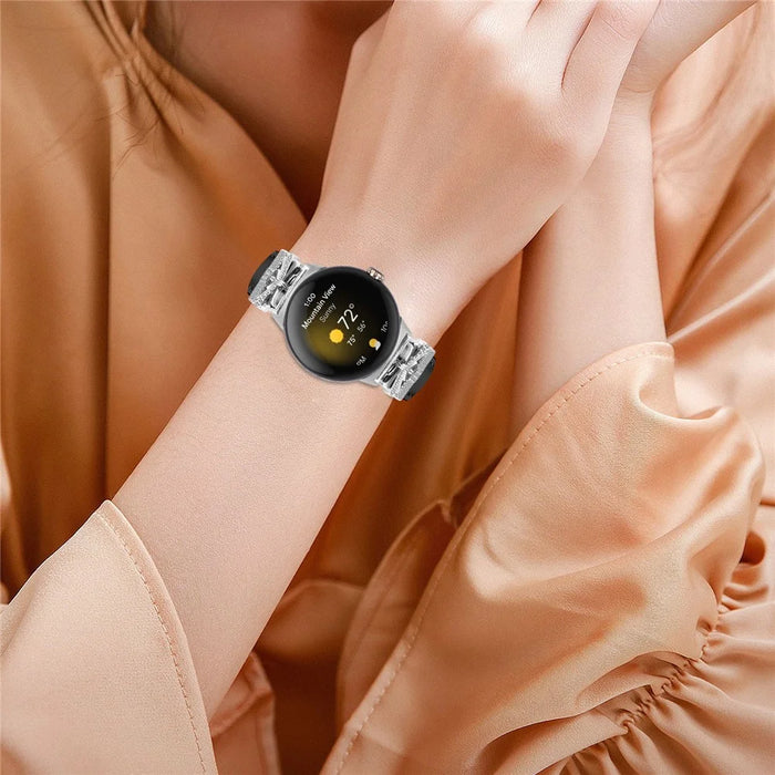 For Google Pixel Watch 4 41mm / Watch 3 41mm / Watch 2 / Watch Rhinestone Genuine Cowhide Leather Watch Strap (Silver Buckle) - Black - 5