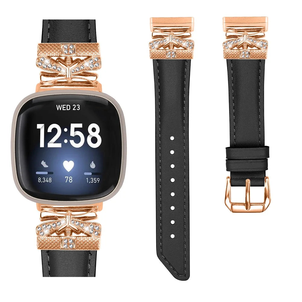 For Fitbit Versa 3 / 4 / Sense / Sense 2 Rose Gold Buckle Watch Strap Butterfly Connector Wrist Band - Black - 2
