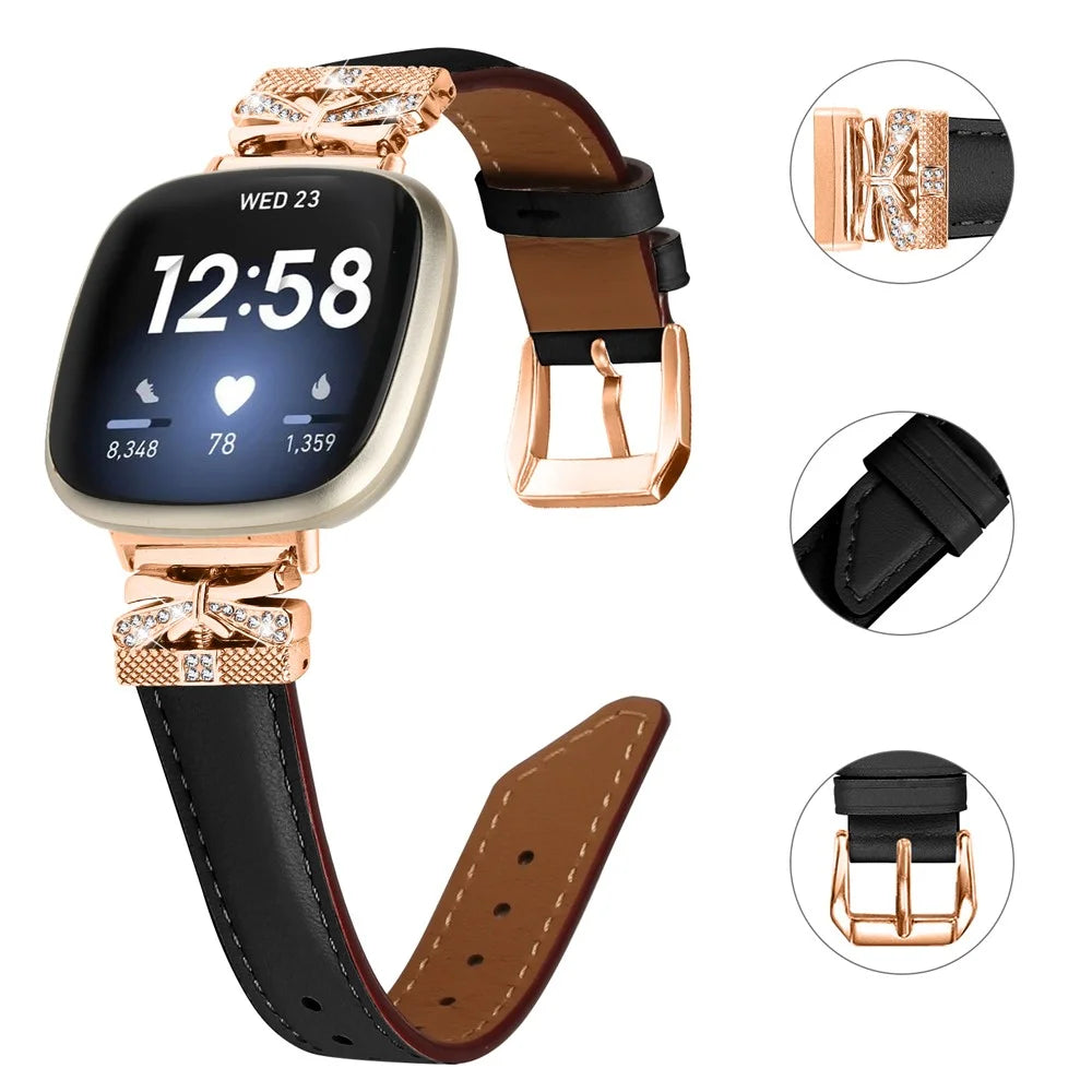 For Fitbit Versa 3 / 4 / Sense / Sense 2 Rose Gold Buckle Watch Strap Butterfly Connector Wrist Band - Black - 3