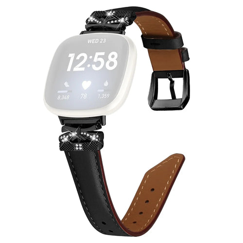 For Fitbit Versa 3 / 4 / Sense / Sense 2 Black Buckle Geniune Cowhide Leather Band Butterfly Watch Strap - Black - 1
