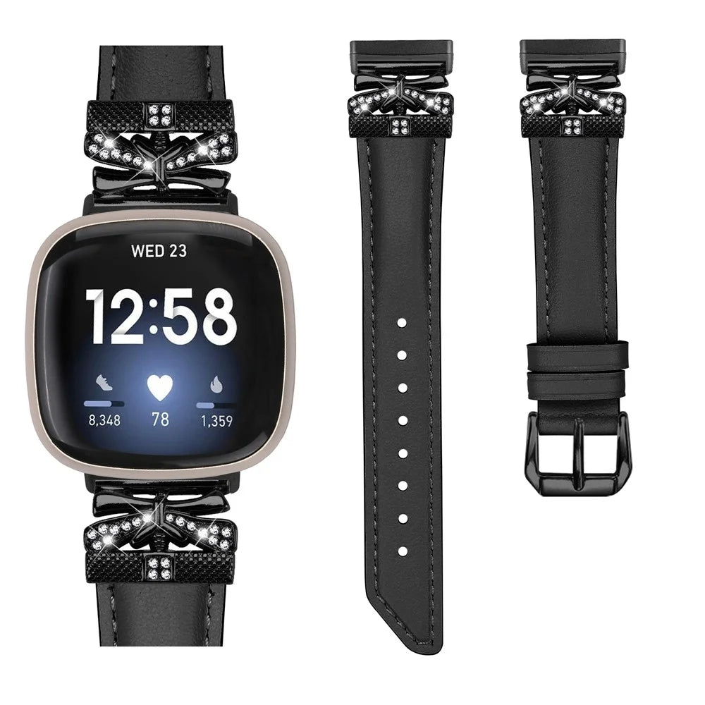 For Fitbit Versa 3 / 4 / Sense / Sense 2 Black Buckle Geniune Cowhide Leather Band Butterfly Watch Strap - Black - 2
