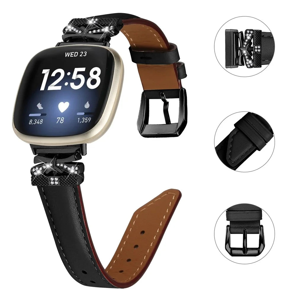 For Fitbit Versa 3 / 4 / Sense / Sense 2 Black Buckle Geniune Cowhide Leather Band Butterfly Watch Strap - Black - 3