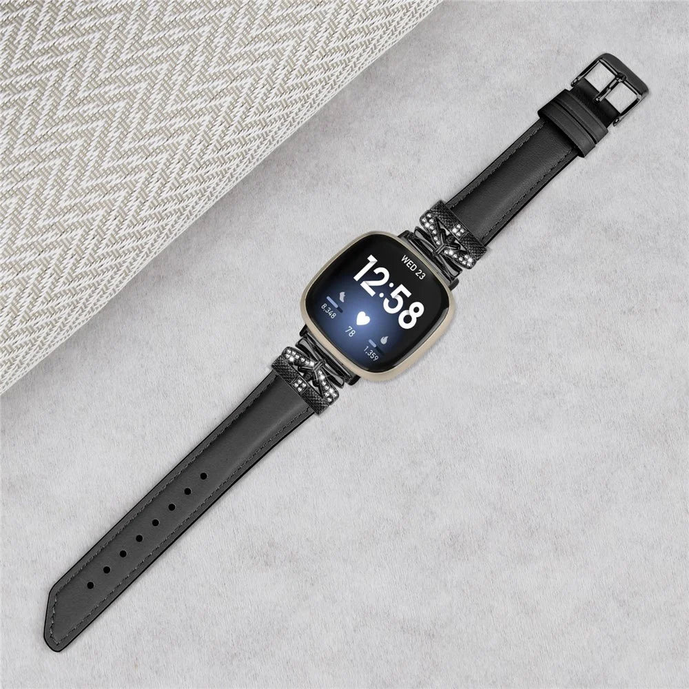 For Fitbit Versa 3 / 4 / Sense / Sense 2 Black Buckle Geniune Cowhide Leather Band Butterfly Watch Strap - Black - 4