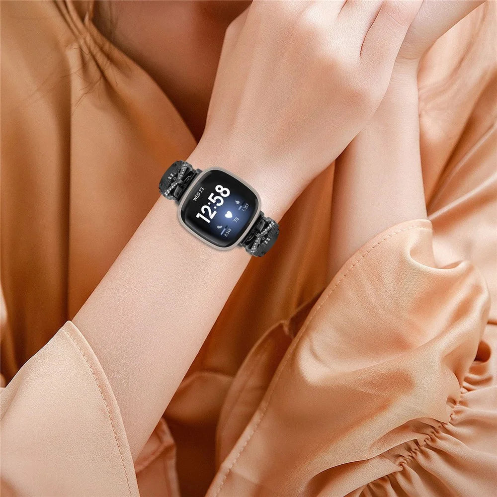 For Fitbit Versa 3 / 4 / Sense / Sense 2 Black Buckle Geniune Cowhide Leather Band Butterfly Watch Strap - Black - 5