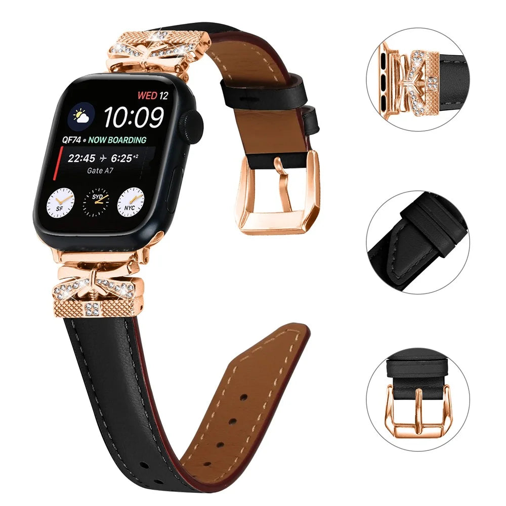 For Apple Watch Ultra 3 2 1 49mm / Series 11 10 46mm / 9 8 7 45mm / SE3 SE2 SE 6 5 4 44mm / 3 2 1 42mm Rose Gold Buckle Watch Strap - Black - 3