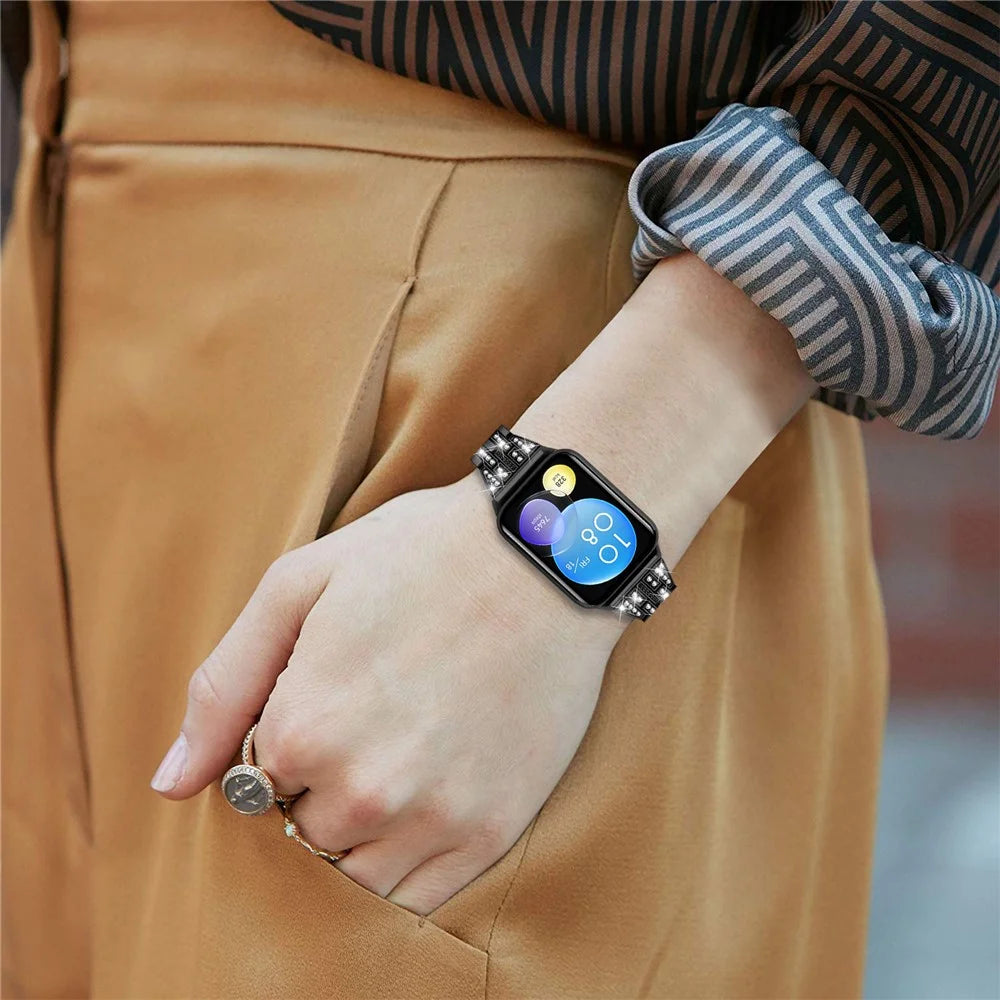 For Xiaomi Smart Band 10 Pro / 9 Pro / 8 Pro / Redmi Watch 6 / 5 / 4 Metal Watch Strap 2-Row Rhinestone 5-Bead Watchband - Black - 6