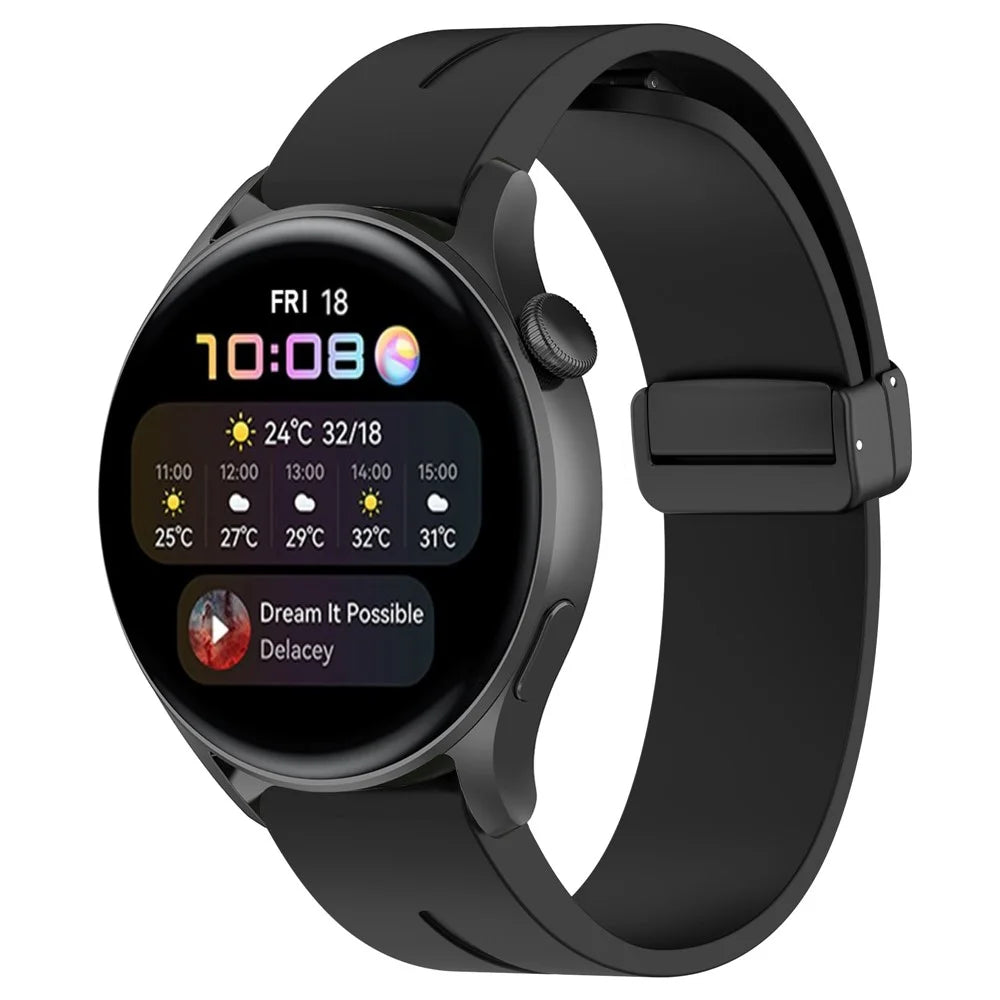 For Huawei Watch GT 4 46mm / Samsung Galaxy Watch3 45mm / Garmin Venu 3 Black Buckle Watchband 22mm Magnetic Silicone Strap - Black - 7
