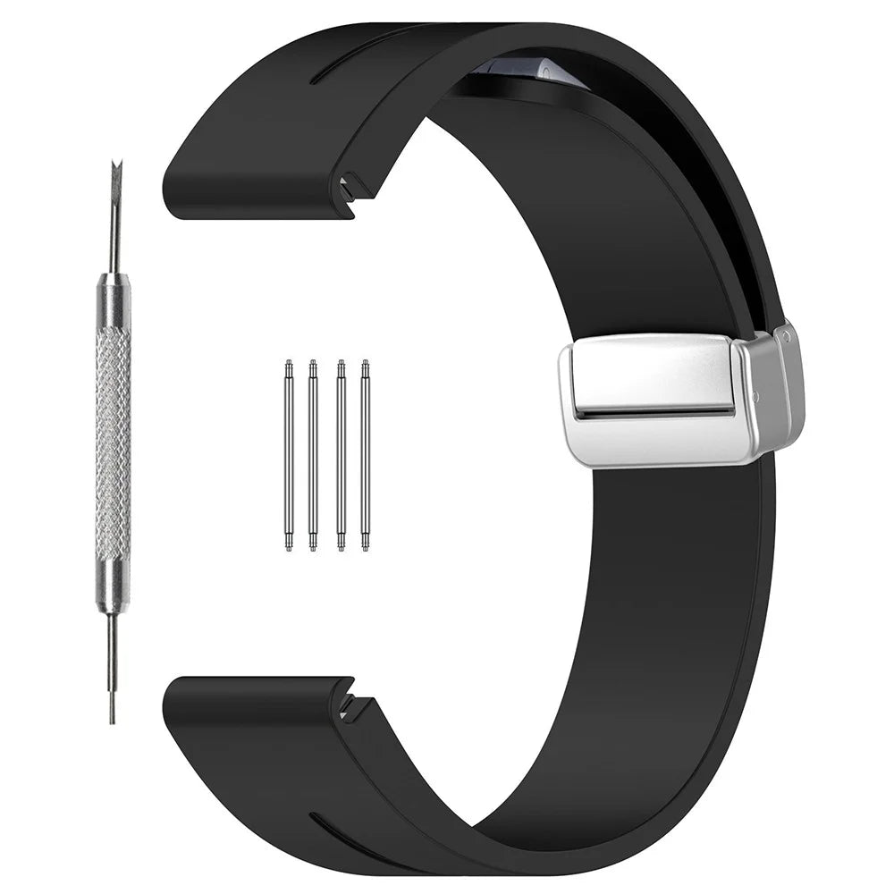 For Huawei Watch GT 4 46mm / Garmin Forerunner 570 47mm / Venu 3 22mm Silicone Watch Strap Magnetic Silver Buckle Band - Black - 1
