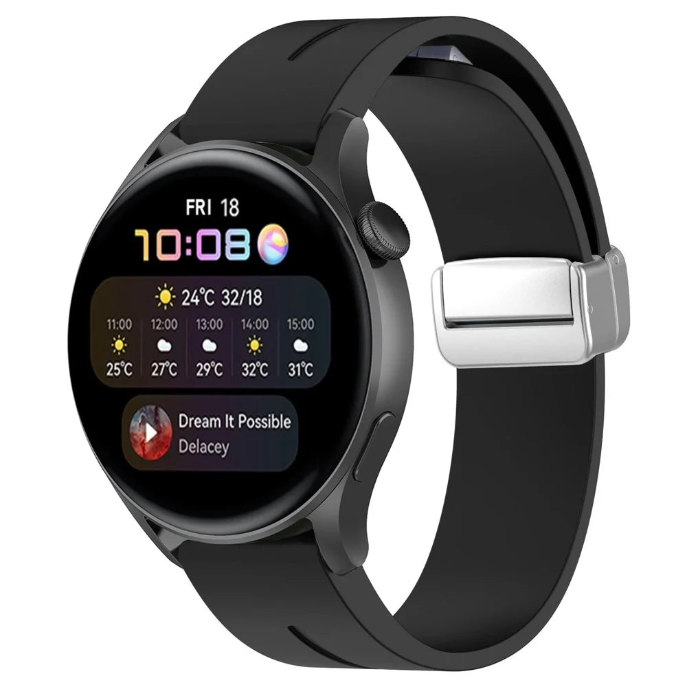 For Huawei Watch GT 4 46mm / Garmin Forerunner 570 47mm / Venu 3 22mm Silicone Watch Strap Magnetic Silver Buckle Band - Black - 6