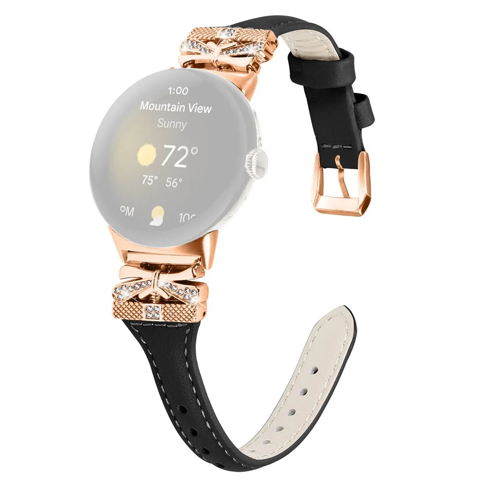Rose Gold Buckle Strap for Google Pixel Watch 4 41mm / Watch 3 41mm / Watch 2 / Watch Genuine Cowhide Leather Watchband - Black - 1