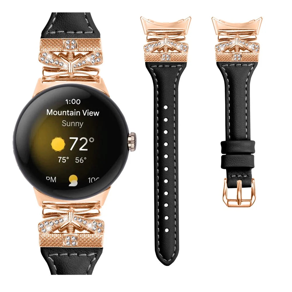 Rose Gold Buckle Strap for Google Pixel Watch 4 41mm / Watch 3 41mm / Watch 2 / Watch Genuine Cowhide Leather Watchband - Black - 2