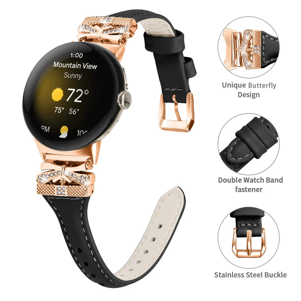 Rose Gold Buckle Strap for Google Pixel Watch 4 41mm / Watch 3 41mm / Watch 2 / Watch Genuine Cowhide Leather Watchband - Black - 3