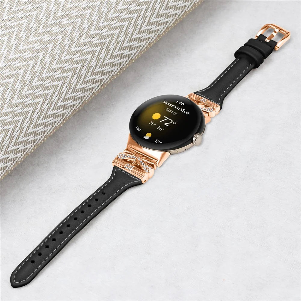 Rose Gold Buckle Strap for Google Pixel Watch 4 41mm / Watch 3 41mm / Watch 2 / Watch Genuine Cowhide Leather Watchband - Black - 4