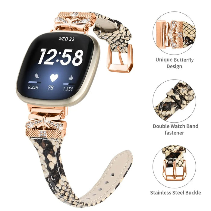 Rose Gold Buckle Band for Fitbit Versa 3 / 4 / Sense / Sense 2 Genuine Cowhide Leather Watch Strap - Snake Texture - 3