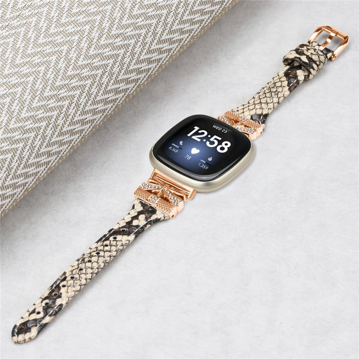 Rose Gold Buckle Band for Fitbit Versa 3 / 4 / Sense / Sense 2 Genuine Cowhide Leather Watch Strap - Snake Texture - 4