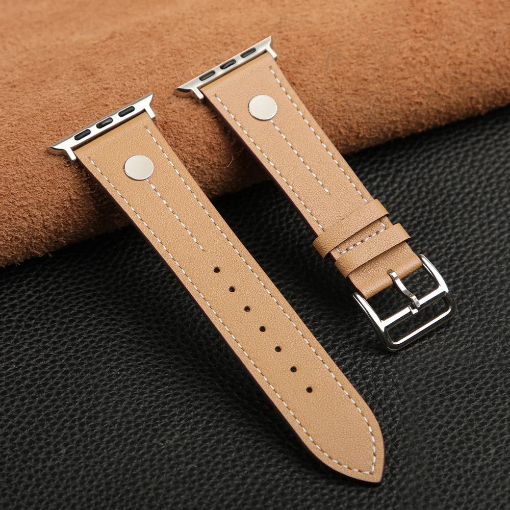Watch Strap for Apple Watch Series 11 10 42mm / 9 8 7 41mm / SE3 SE2 SE 6 5 4 40mm / 3 2 1 38mm Rivet Decor Watch Band Genuine Cow Leather Strap - Light Yellow - 1