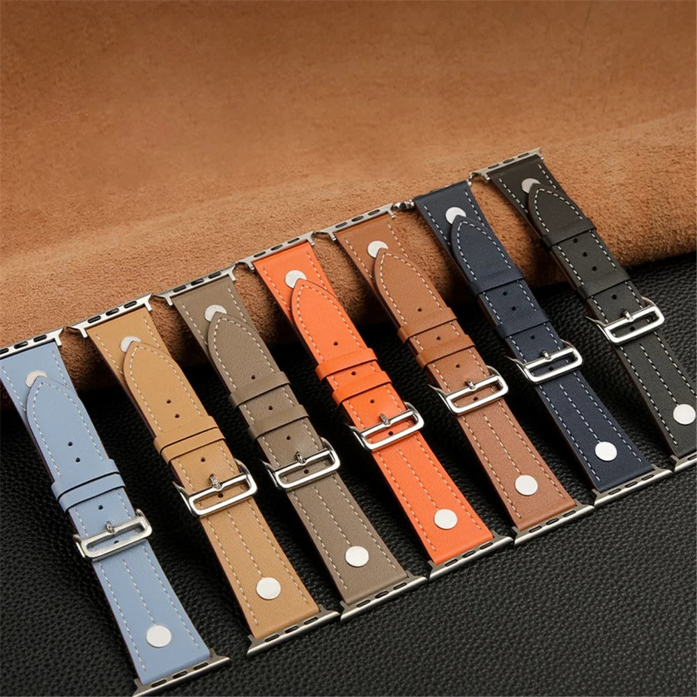 Watch Strap for Apple Watch Series 11 10 42mm / 9 8 7 41mm / SE3 SE2 SE 6 5 4 40mm / 3 2 1 38mm Rivet Decor Watch Band Genuine Cow Leather Strap - Light Yellow - 5