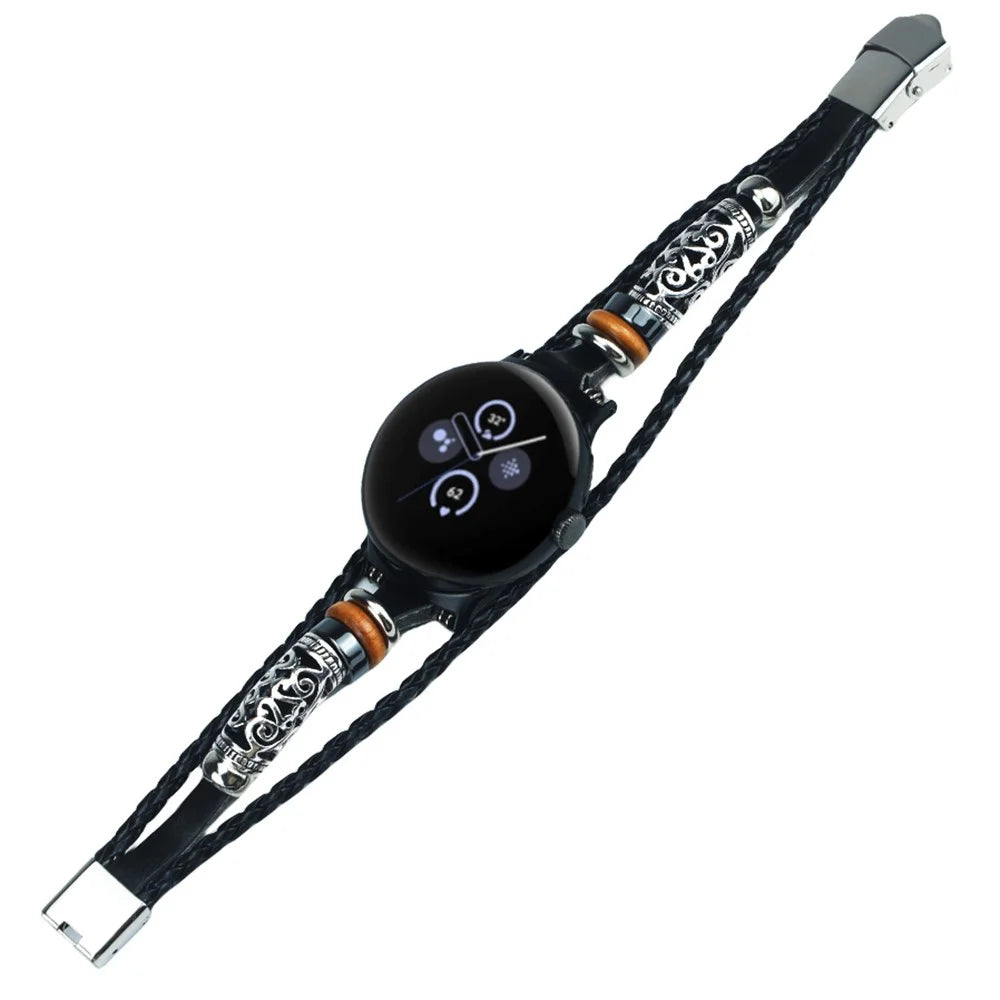 For Google Pixel Watch 4 41mm / Watch 3 41mm / Watch 2 / Watch Ethnic Braided Leather Watch Strap Beads Wrist Band - Black - 2