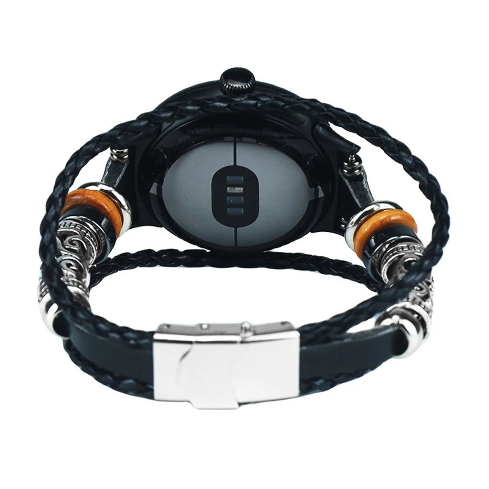 For Google Pixel Watch 4 41mm / Watch 3 41mm / Watch 2 / Watch Ethnic Braided Leather Watch Strap Beads Wrist Band - Black - 4