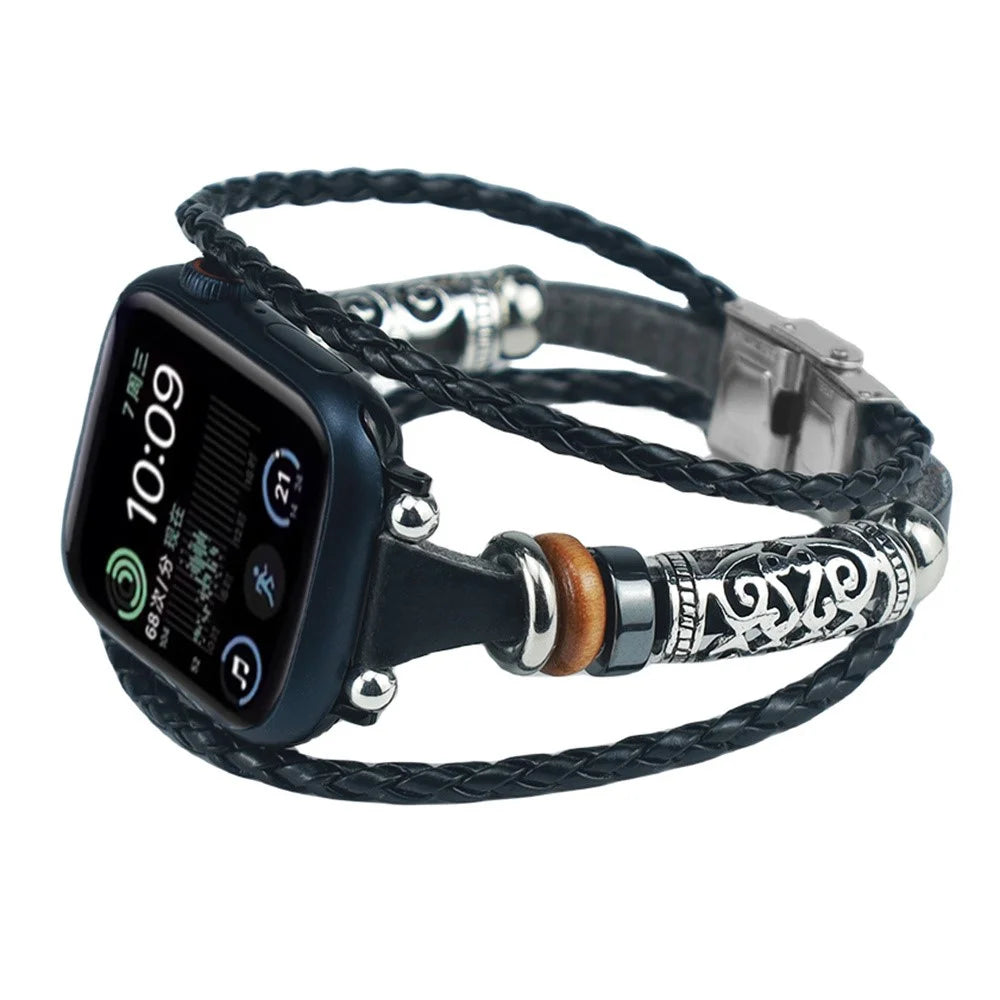 Watch Strap for Apple Watch Series 11 10 42mm / 9 8 7 41mm / SE3 SE2 SE 6 5 4 40mm / 3 2 1 38mm Ethnic Retro Band - Black - 3