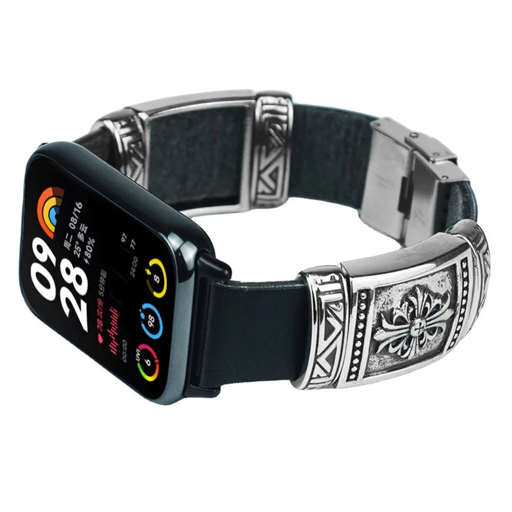 For Xiaomi Smart Band 10 Pro / 9 Pro / 8 Pro / Redmi Watch 6 / 5 / 4 Watch Strap Embossment Design Retro PU Leather + Alloy Wrist Strap - Black - 1