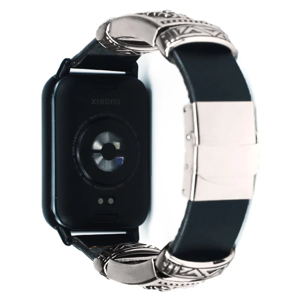 For Xiaomi Smart Band 10 Pro / 9 Pro / 8 Pro / Redmi Watch 6 / 5 / 4 Watch Strap Embossment Design Retro PU Leather + Alloy Wrist Strap - Black - 2