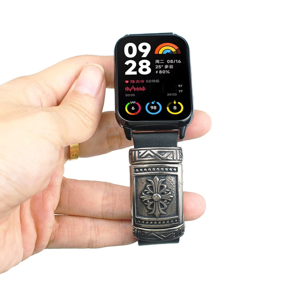 For Xiaomi Smart Band 10 Pro / 9 Pro / 8 Pro / Redmi Watch 6 / 5 / 4 Watch Strap Embossment Design Retro PU Leather + Alloy Wrist Strap - Black - 4
