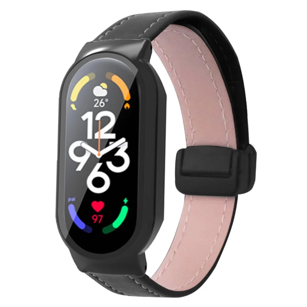 For Xiaomi Smart Band 8 / Smart Band 8 NFC Leather Watch Band Magnetic Buckle Strap with Watch Case / Screen Protector - Black - 1