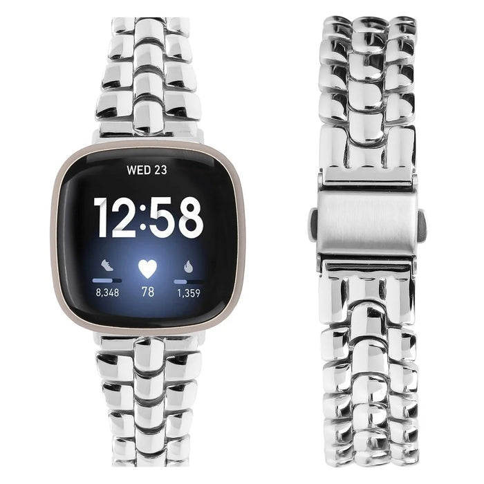 For Fitbit Versa 4 / Sense 2 Stylish Alloy Watchband Replacement Wrist Strap - Silver - 3
