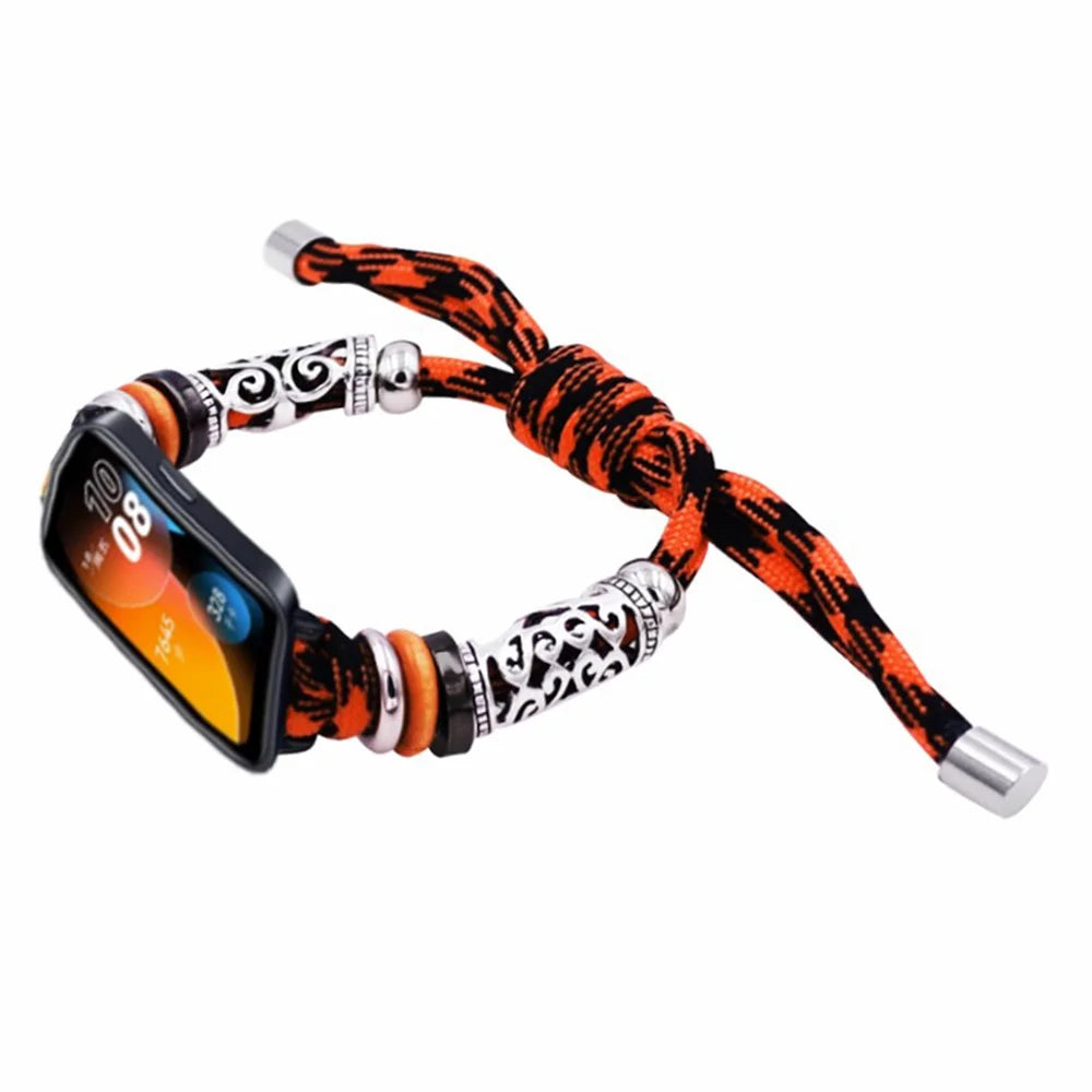 For Huawei Band 8 / Band 8 NFC / Band 9 / Band 9 NFC Watch Band Beads Decor Braided Rope Adjustable Wrist Strap - Black Orange Camo - 1